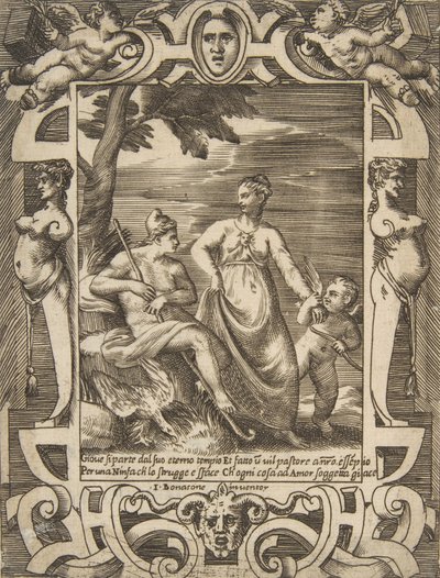 Jowisz po lewej w postaci pasterza w towarzystwie Mnemosyne, osadzony w elabo..., 1531-76. autorstwa Giulio Bonasone
