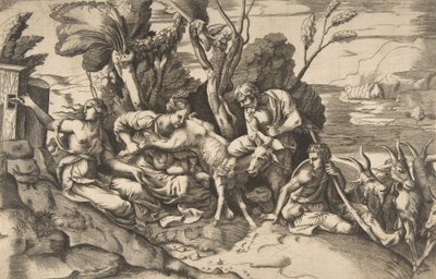 Jowisz karmiony przez kozę Amalteę, 1531-76.. autorstwa Giulio Bonasone