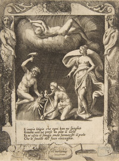 Litigium usunięte z ciała Chaosu, podczas gdy jego matka zostaje wyrzucona w powietrze, ustawiona z..., 1531-76. autorstwa Giulio Bonasone