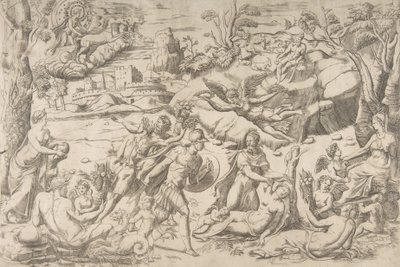 Mars i Rhea Silvia: w centrum Mars trzyma tarczę i miecz, Rhea Silvia śpi..., ok. 1531-76. autorstwa Giulio Bonasone