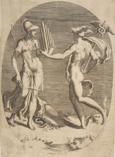 Merkury przedstawia Minerwie stojącą po lewej fajkę, owalną kompozycję, 1531-76. autorstwa Giulio Bonasone