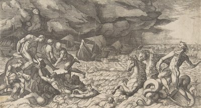 Neptun uspokaja burzę Aeolus podniesioną przeciwko Flocie Eneasza w latach 1531-76. autorstwa Giulio Bonasone