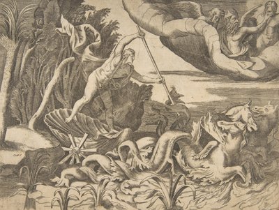 Neptun w swoim rydwanie ciągnięty przez koniki morskie, z „Podziału Wszechświata”, 1..., 1531-76. autorstwa Giulio Bonasone