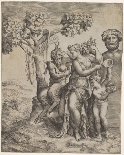 Pan siedzący obok kobiecej postaci trzymającej róg obfitości nimfa lub Pomona, po prawej ..., ca. 1550-60. autorstwa Giulio Bonasone
