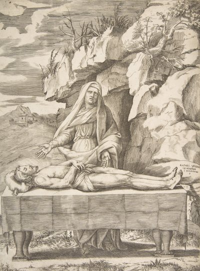 Pieta, Chrystus rozłożony na stole w krajobrazie, Dziewica stojąca za ramionami..., 1531-76. autorstwa Giulio Bonasone