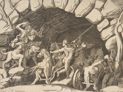 Pluton na rydwanie schodzącym do piekła, z „Podziału Wszechświata”, 1531-76. autorstwa Giulio Bonasone