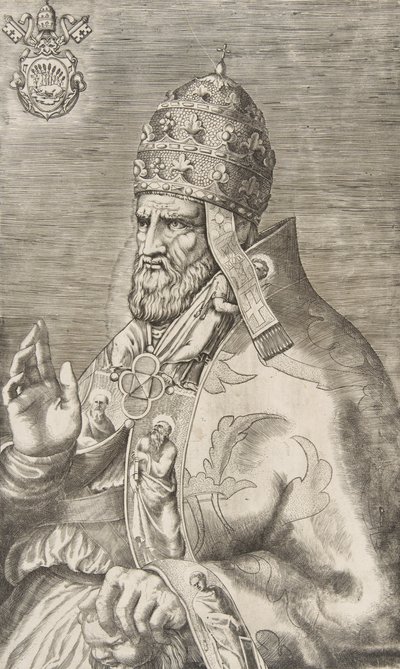 Portret papieża Marcellusa II, prawa ręka uniesiona w lewo, ca. 1555. autorstwa Giulio Bonasone