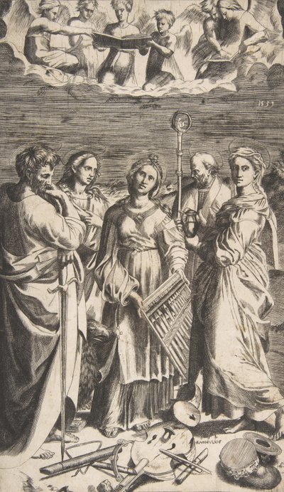 Św. Cecylia stojąca pośrodku w towarzystwie św. Pawła, Magdaleny, św. Jana..., 1531. autorstwa Giulio Bonasone
