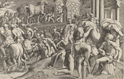 Trojanie ciągną drewnianego konia do Troi, 1545. autorstwa Giulio Bonasone