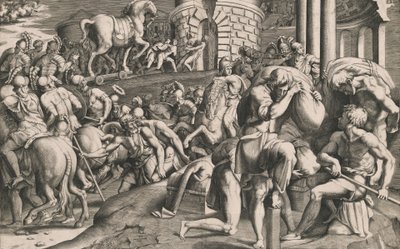 Trojanie ciągnący drewnianego konia do miasta, 1545. autorstwa Giulio Bonasone