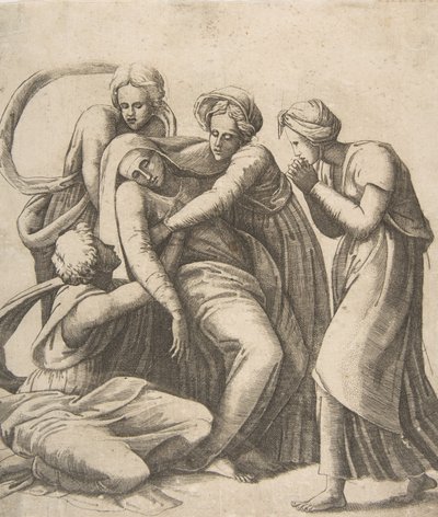 Dziewica omdlewa i podtrzymywana w ramionach świętych kobiet, 1531-76. autorstwa Giulio Bonasone