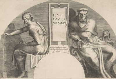 Przodkowie Chrystusa flankujący tablicę z inskrypcją, kompozycja szczytu łukowego, 1531-76. autorstwa Giulio Bonasone