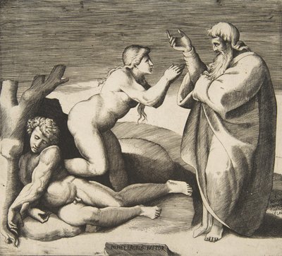 Stworzenie Ewy, która wyłania się zza Adama, ca. 1530-70. autorstwa Giulio Bonasone