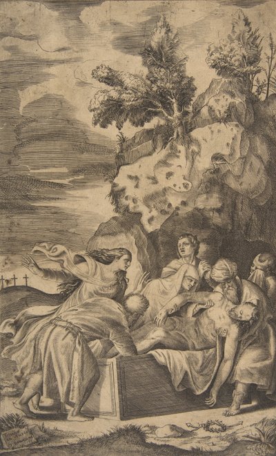 Złożenie do grobu Chrystusa, w lewym tle widoczne krzyże na Kalwarii, 1563 r. autorstwa Giulio Bonasone
