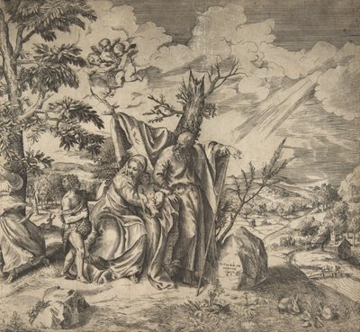 Reszta Świętej Rodziny w ucieczce do Egiptu, 1531-76. autorstwa Giulio Bonasone