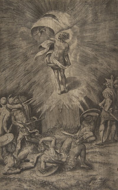 Zmartwychwstanie Chrystusa, trzymającego w prawej ręce sztandar, żołnierze otaczający t..., 1561. autorstwa Giulio Bonasone