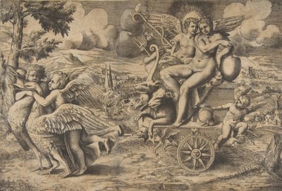 Triumf Kupidyna i Psyche siedzących na rydwanie ciągniętym przez dwa ptaki odpoczywa..., ok. godz. 1550-67. autorstwa Giulio Bonasone