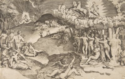 Triumf miłości, amorek na rydwanie ciągniętym przez jednorożca jest w prawym górnym rogu, nagi…, 1545. autorstwa Giulio Bonasone