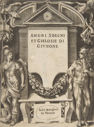 Tabliczka tytułowa do serii „Loves, Rages and Jealousies of Juno”, 1531-76. autorstwa Giulio Bonasone