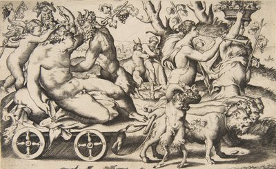 Triumf Bachusa, który siedzi w powozie po lewej, 1531-76. autorstwa Giulio Bonasone