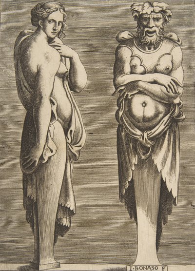 Dwa wyrazy, nimfa po lewej Silvanus po prawej, ca. 1530-50. autorstwa Giulio Bonasone
