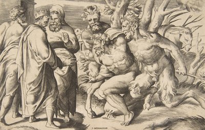 Dwaj satyrowie niosący Silenus King Midas stojący po lewej stronie, 1531-76. autorstwa Giulio Bonasone