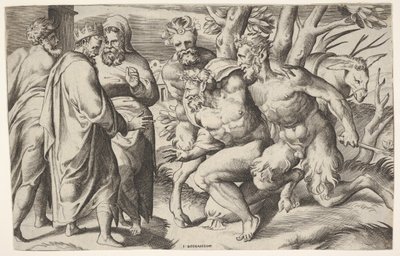 Dwóch satyrów prowadzących Silenusa do króla Midasa, który stoi po lewej z dwoma towarzyszami płci męskiej..., ca. 1550-80. autorstwa Giulio Bonasone