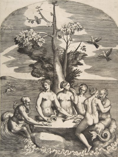 Dwóch bogów morza w towarzystwie czterech nimf, 1531-76. autorstwa Giulio Bonasone