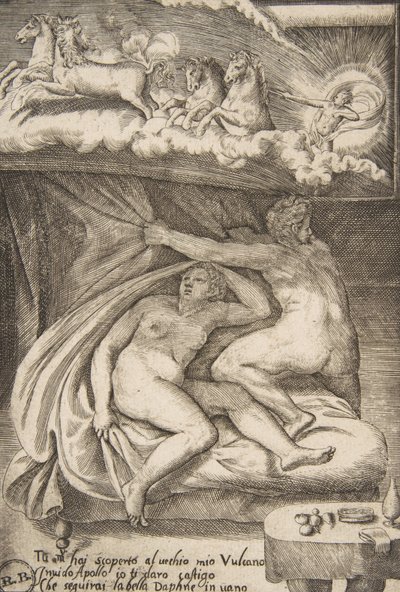 Wenus i Mars odkryte przez Apolla, z „Miłości bogów”, 1531-60. autorstwa Giulio Bonasone