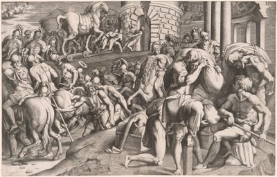 Trojanie ciągną drewnianego konia do Troi autorstwa Giulio Bonasone, after Francesco Primaticcio