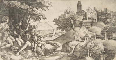 Po lewej czterech pasterzy z instrumentami muzycznymi siedzących pod kępą drzew..., ca. 1517 autorstwa Giulio Campagnola