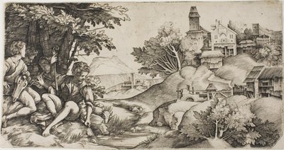 Pasterze w krajobrazie autorstwa Giulio Campagnola