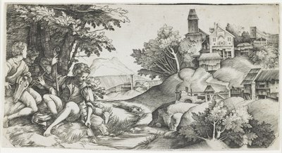 Pasterze w pejzażu, ok. godz. 1517-1518 autorstwa Giulio Campagnola