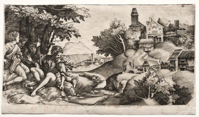 Pasterze w pejzażu, ok. godz. 1517. autorstwa Giulio Campagnola