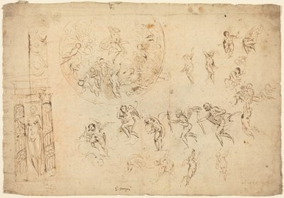 Wniebowstąpienie i inne studia (pióro i brązowy tusz na papierze) autorstwa Giulio Campi