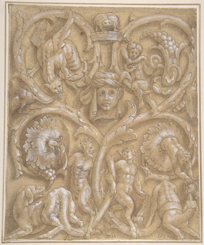Projekt ozdobnego panelu z Rinceaux, Satyrami, Putti, potworami i ludzką głową, 1535-45. autorstwa Giulio Campi.