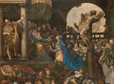 Ściana naprzeciwko przeciwfasady południowego transeptu, Giuseppe Campi, Triumf Mardocheusza 1567, Detal wysoka część autorstwa Giulio Campi