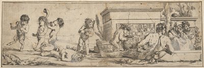 Bachanalia z niemowlęcymi satyrami i puttami po lewej stronie, naga postać mężczyzny spoczywa z przodu..., 1633-78. autorstwa Giulio Carpioni