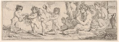 Bachanał z satyrem grającym na lutni i otoczony czterema postaciami, zwróconymi w stronę p..., 1640-60. autorstwa Giulio Carpioni
