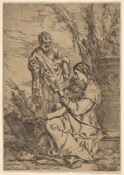 Święta Rodzina z czytaniem Matki Boskiej, Dziewica siedzi z profilu z księgą po lewej..., 1640-60. autorstwa Giulio Carpioni