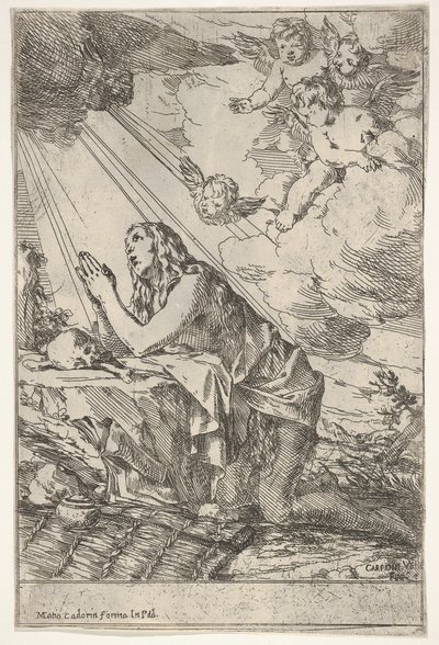 Magdalena pokutująca klęcząca na kamienistej ziemi przed czaszką i kośćmi, maść...,ok. 1640-55. autorstwa Giulio Carpioni
