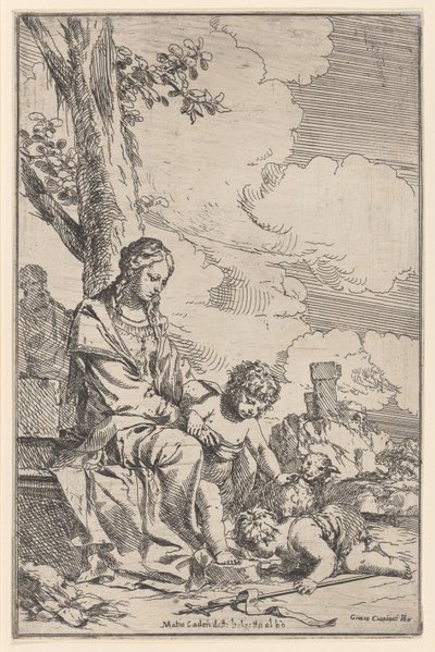 Święta Rodzina z Dzieciątkiem Św. Janem całującym stopy Chrystusa, 1640-60. autorstwa Giulio Carpioni