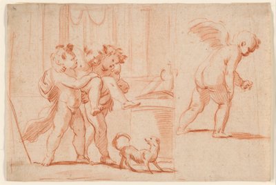 Dwóch Putti niosących trzecie putto; Kolejne Putto z tyłu autorstwa Giulio Carpioni