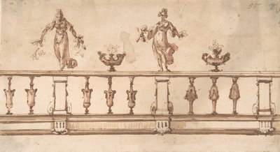 Projekt balustrady z figurami kobiecymi i urnami, XVI-XVII w. autorstwa Giulio Parigi