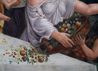 Kosz owoców i kwiatów, fragment rustykalnej uczty z okazji zaślubin Kupidyna i Psyche z Sala di Amore e Psiche, 1528 fragment fresku z 78427 autorstwa Giulio Romano