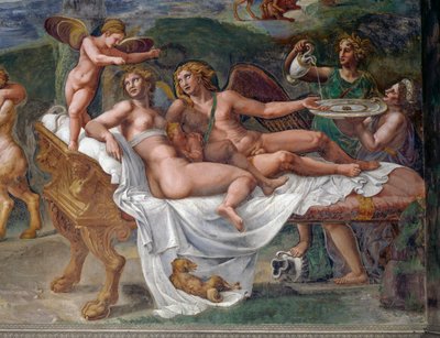 Kupidyn i Psyche z córką Voluptas (Przyjemność) leżące na łóżku, fragment z Uczty weselnej lub Uczty bogów, fresk Giulio Romano (1499-1546), Palazzo Te, Mantua (Lista Światowego Dziedzictwa UNESCO, 2008), Lombardia, Włochy autorstwa Giulio Romano