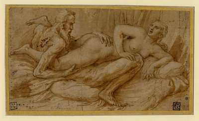 Scena erotyczna par Romano, Giulio (1499-1546), po 1524 - Pióro, pędzel, brązowy tusz indyjski, kolor biały, czarna kreda na papierze autorstwa Giulio Romano