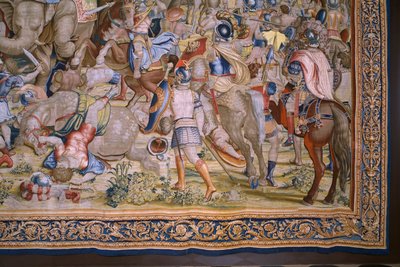 Flamandzki gobelin. Seria Dzieje Scypiona: Bitwa pod Zamą. Rysownik Giulio Romano. Atelier Balthasara van Vlierdena (?), Bruksela. 1523-1532. Szczegół. autorstwa Giulio Romano