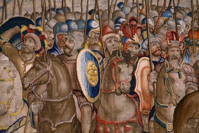 Flamandzki gobelin. Seria Dzieje Scypiona: Bitwa pod Zamą. Rysownik Giulio Romano. Atelier Balthasara van Vlierdena (?), Bruksela. 1523-1532. Szczegół. autorstwa Giulio Romano