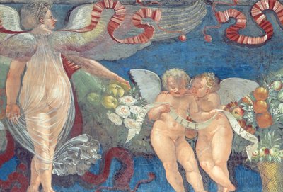 Fryz z Camera con Fregio di Amorini Komora Kupidyna Fryz przedstawiający dwa putta i anioła, fragment fresku z lat 20. 1520 z 106218 autorstwa Giulio Romano